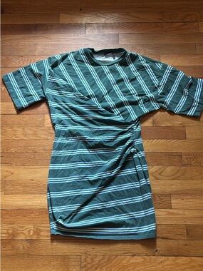 ASOS Striped Short-Sleeve Striped Faux Wrap Dress in Teal and Light Blue